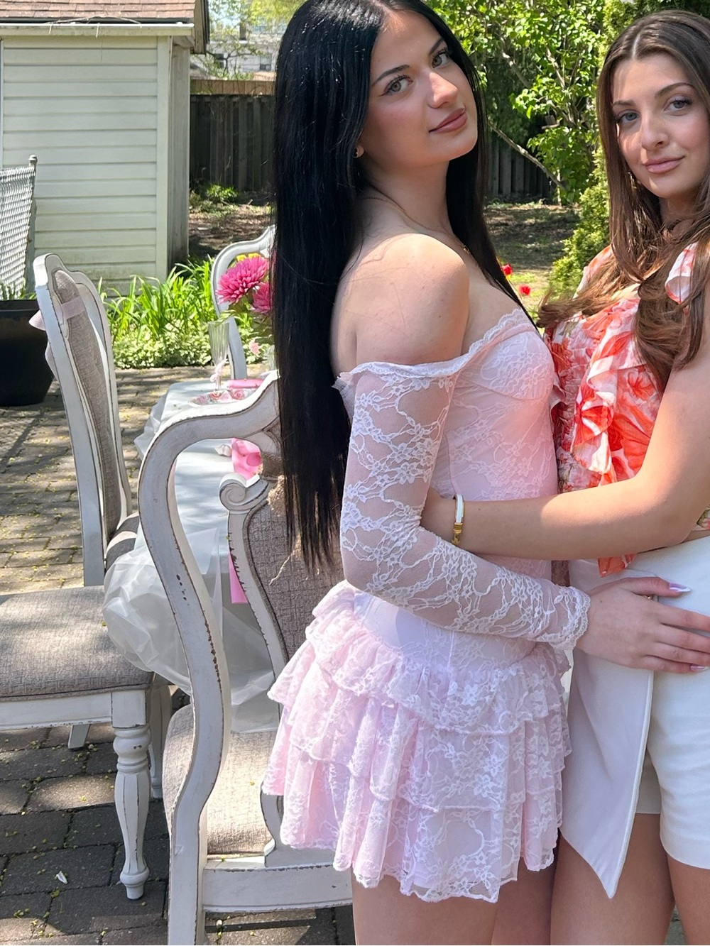 SHEIN Pink Lace Tiered Off-Shoulder Romper